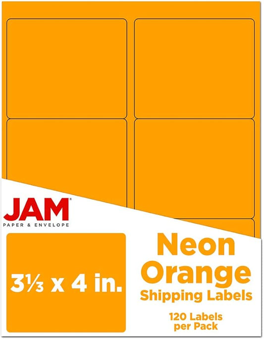 JAM PAPER Shipping Address Labels - Large - 3 1/3 x 4 - Neon Fluorescent Orange - 120/Pack