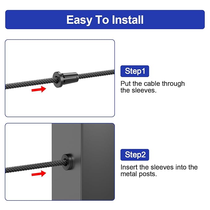 BLIKA Upgraded 40 Pack Stainless Steel Black Protector Sleeves for 1/8" 5/32" or 3/16" Deck Cable Railing, for Metal Posts, T316 Marine Grade, Cable Railing Protector Sleeves, Cable Railing Post Kits