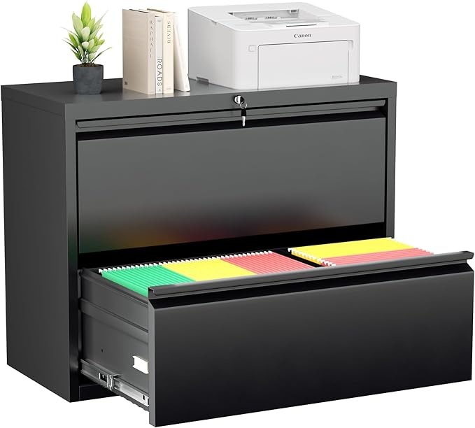 Greenvelly 2 Drawer File Cabinet, Metal Filing Cabinet with Lock, Black Lateral File Cabinet for Home Office, Locking File Cabinet for Letter/Legal/F4/A4 Size Hanging Files, Easy Assembly