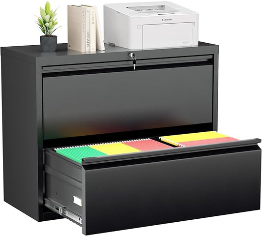 Greenvelly 2 Drawer File Cabinet, Metal Filing Cabinet with Lock, Black Lateral File Cabinet for Home Office, Locking File Cabinet for Letter/Legal/F4/A4 Size Hanging Files, Easy Assembly