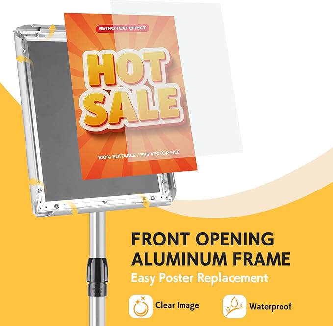 RedChili 2 Pack Sign Holder Stand 8.5x11 Inch, Adjustable Floor Standing Sign Holder Signage Stand with Aluminum Snap-Open Frame Vertical Horizontal View Display For Malls Schools Restaurants (Silver, Sharp Corner)