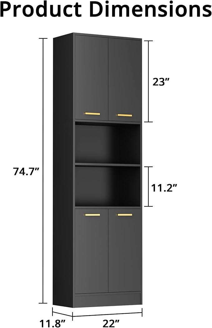 Cozy Castle Kitchen Pantry Cabinet, 75" Tall Wood Storage Cabinet with Doors and Shelves, 4 Doors Open Countertop Utility Hutch Cupboard for Dining Room Living Room Bathroom Furniture, Black