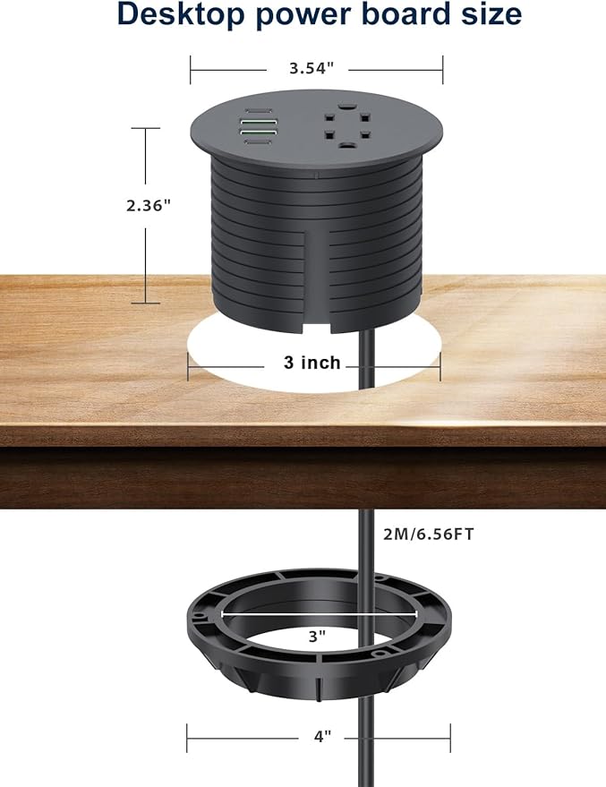 Recessed Power Grommet 3 inch with 20W USB C Ports 2 AC Outlets,Recessed Outlet Fast Charging Station,Desk Hole Grommet Outlets,Round Desktop Power Grommet Outlet for Office,Home (Black, 20W USB)