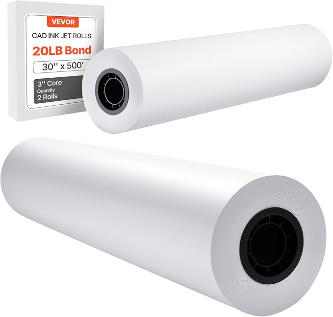 VEVOR Wide Format Paper, 30 in x 500 ft Plotter Roll, 2 Rolls CAD Bond Rolls with 3 in Core, 20 LB Bond Paper Rolls, Ideal for CAD Drawings, Engineering Plans, GIS Maps, and Architectural Designs