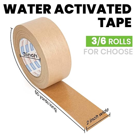 ADHES Water Activated Tape 2" x 55yds, 6 Rolls, Reinforced Kraft Gummed Paper Tape, Eco-Friendly, Strong Adhesive Shipping Tape for Packing, Shipping, Moving