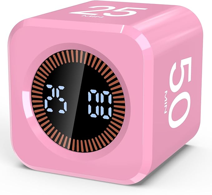 Digital Pomodoro Timer Cube 5/10/25/50min, Visual Productivity Flip Timer for Kids Classroom Desk, Custom Countdown, Silent and Sound Mode for ADHD Study Work Game Kitchen (Pink)