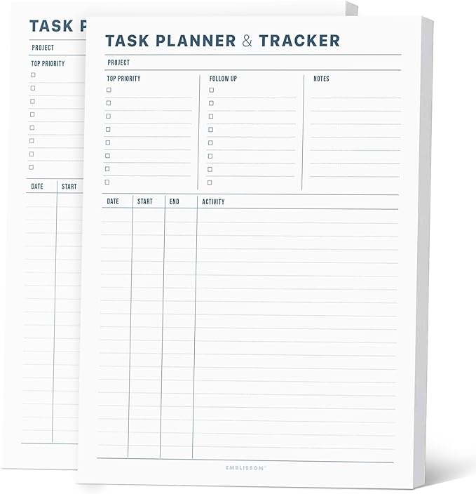Task Planner & Tracker 8.5 x 11 Tear-Off 70 Sheet Planner Pad – Project Organizer with Time Log, Top Priority, Follow-Up – Notepad for Home & Office (White, Minimalist, 2 Pack)