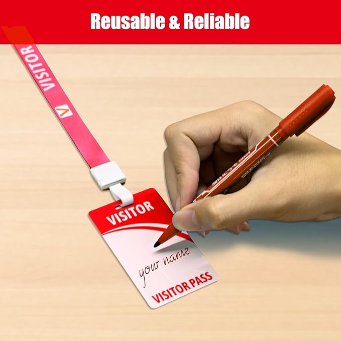 Visitor Badge Lanyards Volunteer Badge Holder with Clips (25 pcs) - Reusable Temporary ID Pass for Office, School, Events PVC Plastic Security Cards for Exhibition Guest by OSTENBIG (Red)