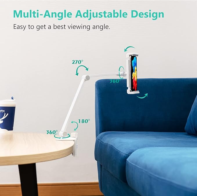 iPad Desk Mount, Adjustable Tablet Holder Clamp, 360 degree Rotation, Sturdy Aluminum Tablet Arm Mount for 4.7"-13" iPad Pro/Air/Mini, iPhone, Galaxy Tab, for Kitchen, Work, Video Call(White)
