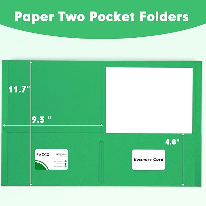 Two Pocket Folders, RAZCC 50 Pack 2 Pocket Folders Fit Letter Size Paper, Paper Folders with Pockets for School Office Business Home (Green)