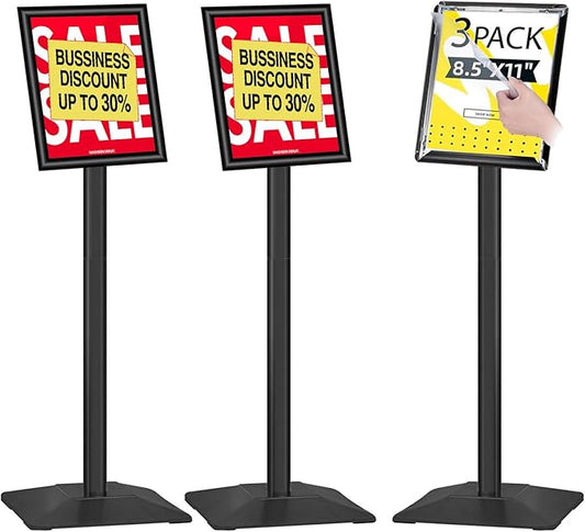 INNOVSIGN 3Packs Heavy Duty Adjustable Pedestal Poster Sign Stand, 8.5x11 Aluminum Open Floor Standing Sign Holder for Vertical and Horizontal View Display (8.5x11,Black)