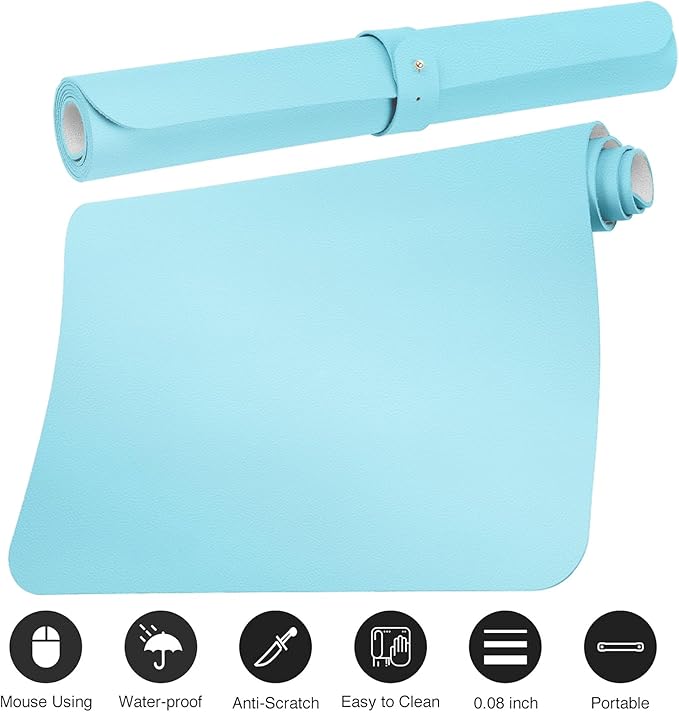 Boutilon Leather Desk Pad Protector,Non-Slip Mouse Pad,Laptop Desk Pad,Office Mouse Mat,Waterproof Leather Desk Blotter,Desk Writing Pad for Office and Home (XXL-Light Blue,47.2"x 17")