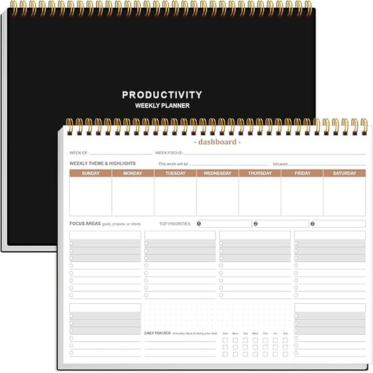 Weekly Productivity Planner - 8.5" x 11" Dashboard Desk Notepad Has 6 Focus Areas to List Tasks for Goals, Projects, Clients, Academic or Meal-Organize Your Daily Work Efficiently, 54 Weeks, Black