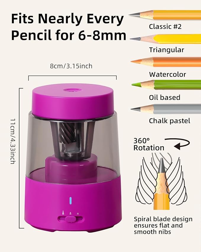 ZMOL Electric Rechargeable Pencil Sharpener, Automatic Pencil Sharpeners Kids, Battery Pencil Sharpeners for Colored Pencils, Auto Stop, Suitable for No.2(6-8mm), School/Home Pink