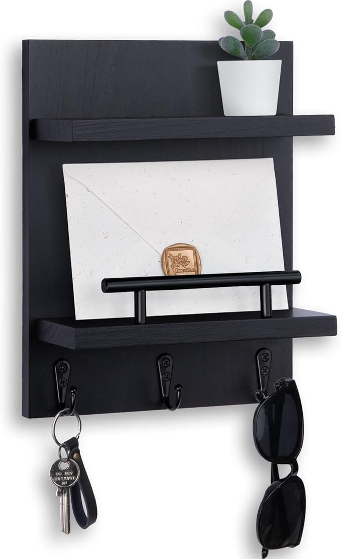 Lucundm Key Holder Wall Mount, Mail Shelf Decor with 3 Key Hooks, Versatile Wood Wall Organizer for Entryway Hallway (8.2” x 10.6”x 3.6”) (Black)