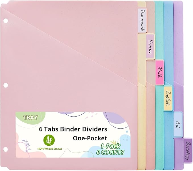 6-Tab Letter Size Dividers for 3 Ring Binder, Wheat Straw Binder Dividers with One Pocket, 6 Pastel Colors, Perfect for School, Office Supplies (1)