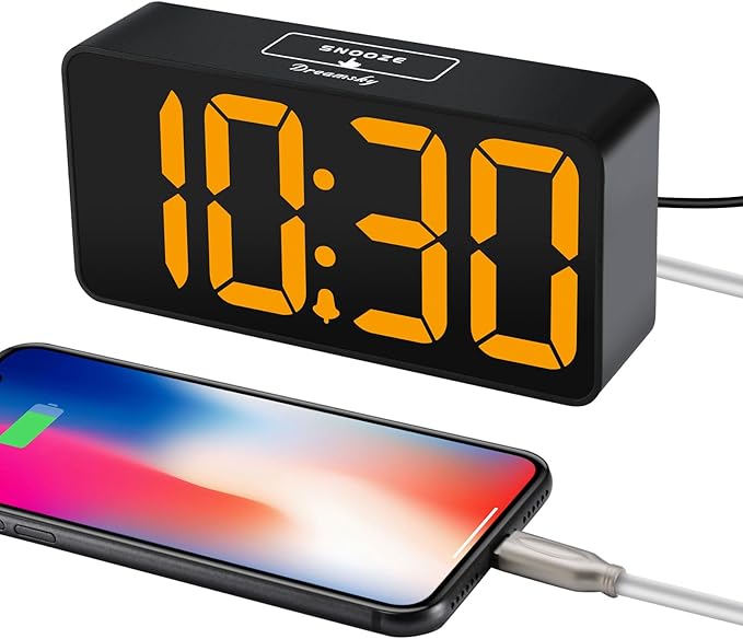 DreamSky Small Digital Alarm Clock for Bedroom, Large Big Numbers Display with Brightness Dimmer, Electric Bedside Desk Clock with USB Charging Port, Adjustable Alarm Volume, USB-C Adapter Powered