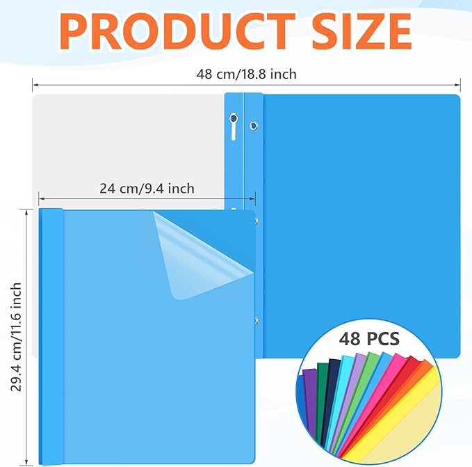 Feifeiya 48 Pack Plastic Report Covers with 3 Prongs Presentation Folders Bulk, 100 Sheet Capacity, Clear Front Report Covers for Presentation Document Paper School Office Supplies (Colorful)