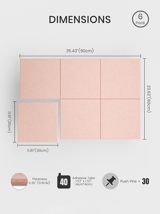Bumusty Large Cork Board 36"x24" Alternative - 6 Pack Felt Wall Tiles with 40 Safe Removable Adhesive Tabs, 30 Pushpins, Cork Boards for Walls Pin Board Bulletin Board Office Decor (Pink)