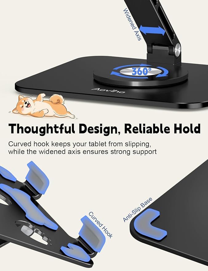 Aoviho Adjustable Tablet Stand for iPad - 360° Rotating Aluminum Desk Holder, Foldable Stable Stand for iPad Pro 12.9/11,Home Office & Travel,Great Gift for Mom & Teens, Black