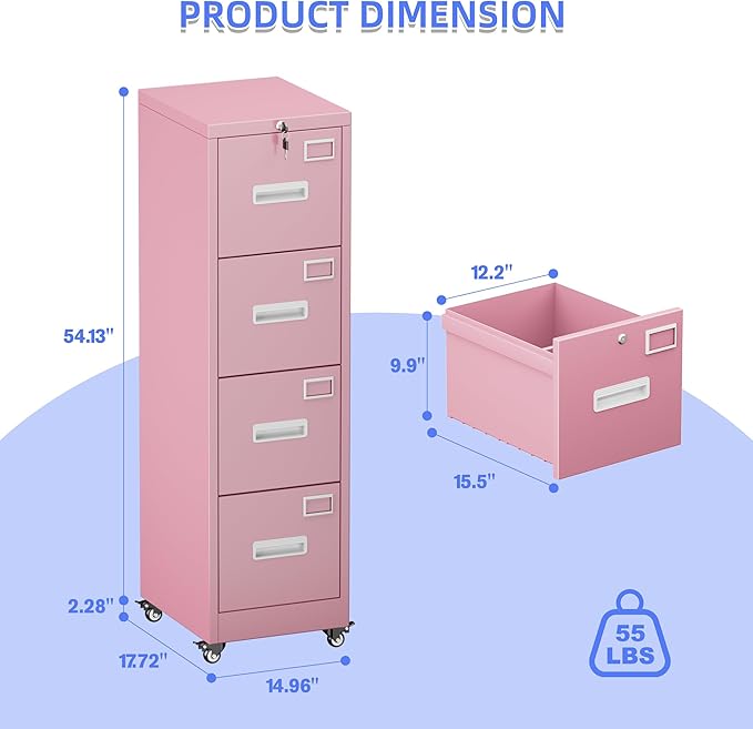 METAN 4 Drawer File Cabinet on Wheels, Lockable Metal Filing Cabinet with Handle and Name Card for Office Home,Assembly Required,Pink