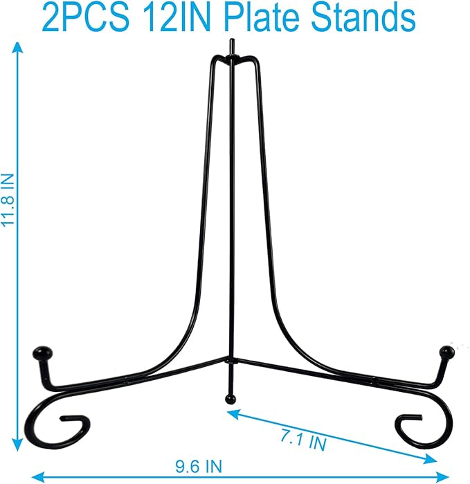 HENABLE 2PCS Premium Black Iron Plate Stands for Display 12 Inch, Decorative Solid Metal Plate Holders for Displaying, Mini Easel, Frame, Book, Card, Plaque, Bowl, Picture Stands for Display