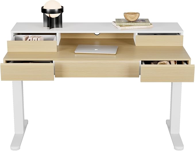 HUANUO Standing Desk with Drawers, 48 Inches Electric Height Adjustable Desk with Storage, Whole-Piece Board Sit Stand Up Desk with Monitor Shelf, Light Walnut