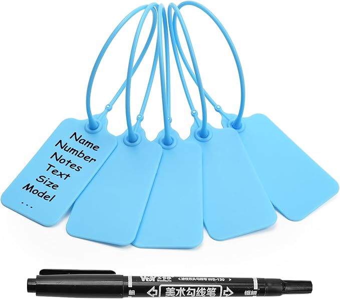 100 Blue Blank Plastic Tags for Labeling Waterproof Hanging Labels Writable Tags Seal Plastic Marking Label for Clothes Bags Keys Inventory with One Marker Pen