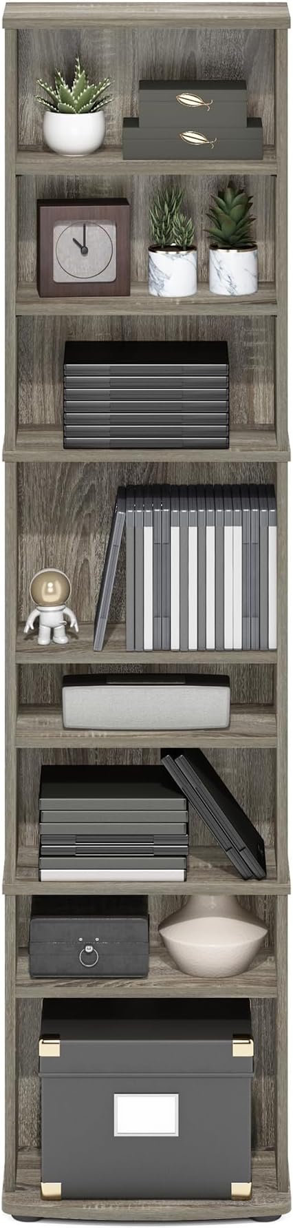Furinno Jaya DVD Shelf, 8-Tier Tall Narrow CD Rack, Media Shelf with Adjustable Shelves, DVD Storage Cabinets for CD Blueray Game Disc, Easy Assembly, for Living Room, Home Office, French Oak