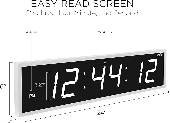 Ivation Oversized 24" Large Digital LED Clock | Big Digital Clock w/Multi-Function Display – Stopwatch, Timer, Alarms, Temp & Date | 6 Brightness Levels, Time Memory & Remote (White)
