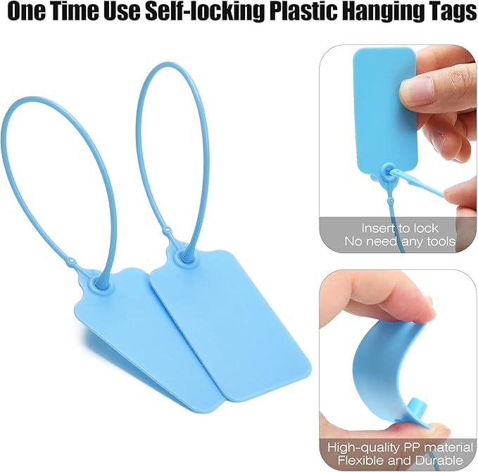 50 Blue Blank Plastic Tags for Labeling Waterproof Hanging Labels Writable Tags Seal Plastic Marking Label for Clothes Bags Keys Inventory with One Marker Pen