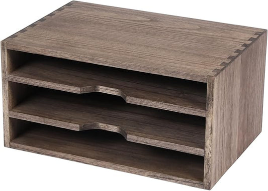 DDYURI 3-Tier Paper Storage Letter Tray File Sorter - Wood Desktop Document Organizer Holders with Mail Sorter, School & Home Magazine File Dividers for Office Accessories Dark(SJ3K-DK)