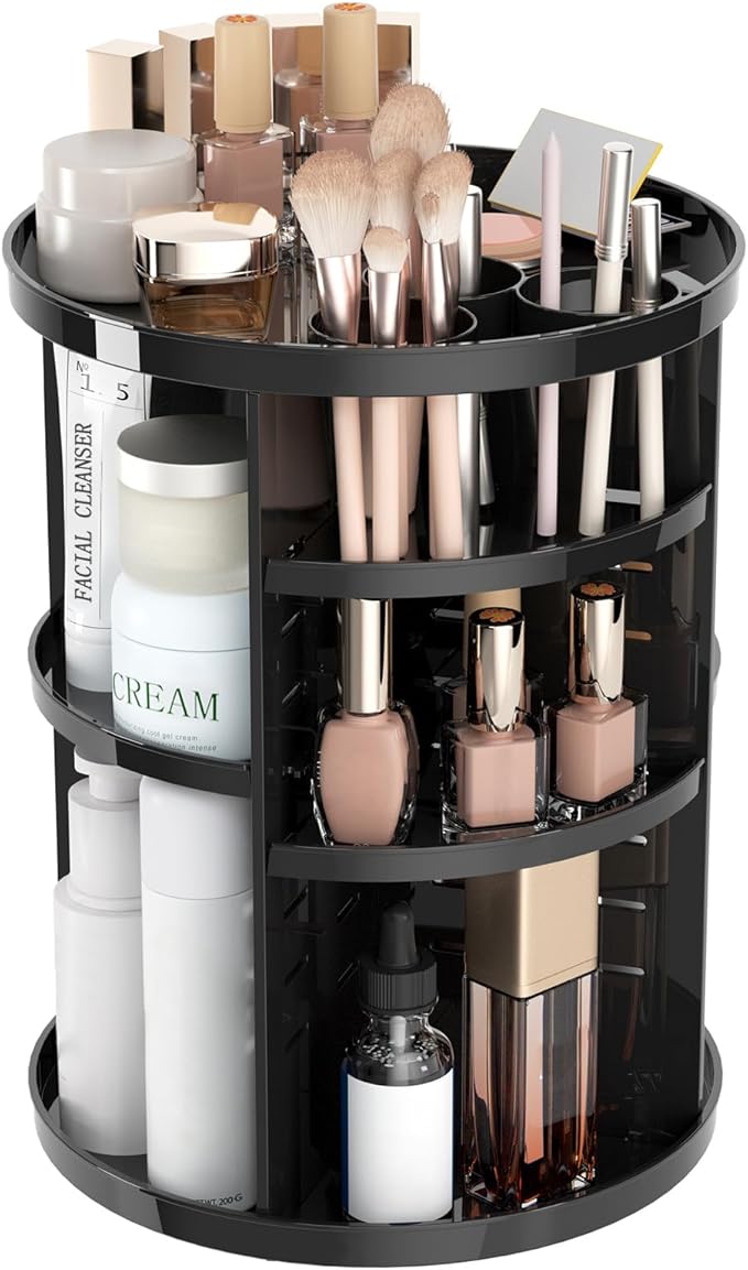 Jiavarry Rotating Makeup Organizer for Vanity, 360 Spinning Skincare Organizers with Adjustable Trays, Make Up Desk Storage Carousel Rack, Cosmetic Display Cases for Dresser Bathroom Countertop