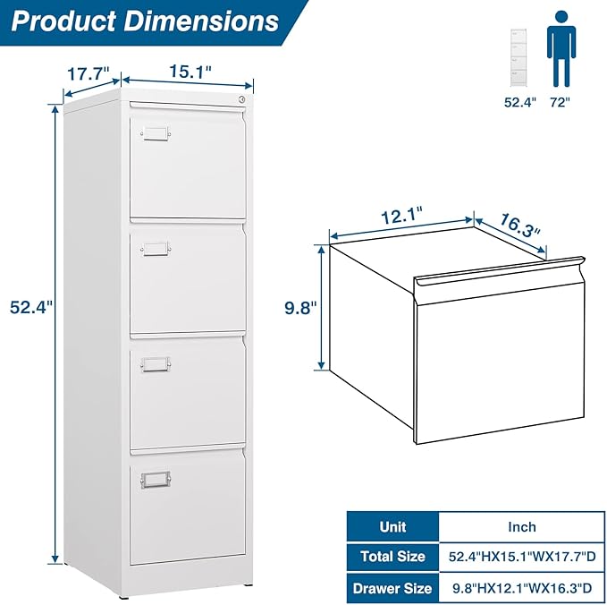 PEUKC 4-Drawer File Cabinet, 16.3" Deep Vertical Filing Cabinet with Lock, Metal File Cabinet for Home Office, Anti-Tip 4 Storage Drawers for Letter/Legal/A4/F4 Size (Assemble Required, White)