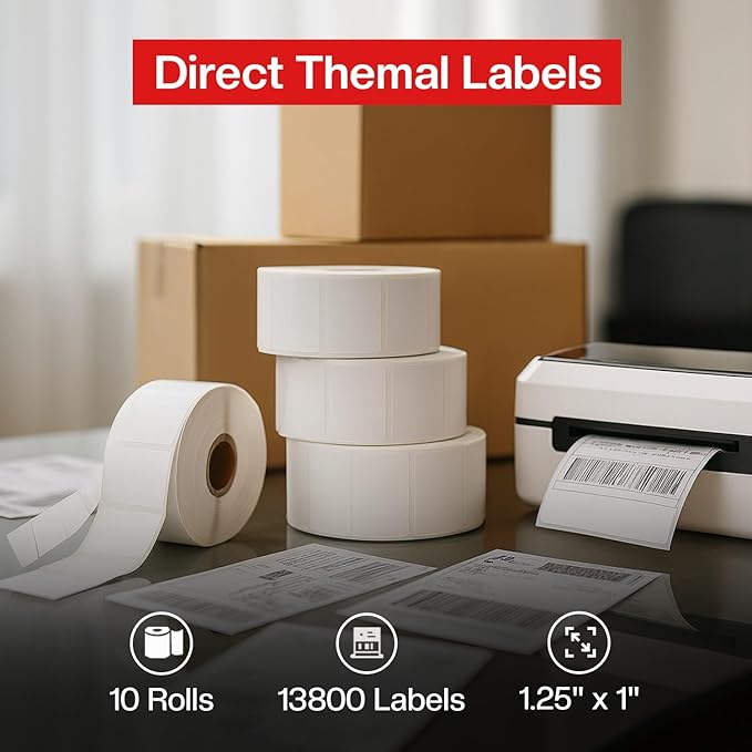 1 1/4” × 1”Direct Thermal Printer Labels, 10 Rolls, 13,800 Matte White Thermal Barcode Labels with Strong Adhesive, Compatible with Zebra & Eltron Printers (No Ink or Toner Needed)