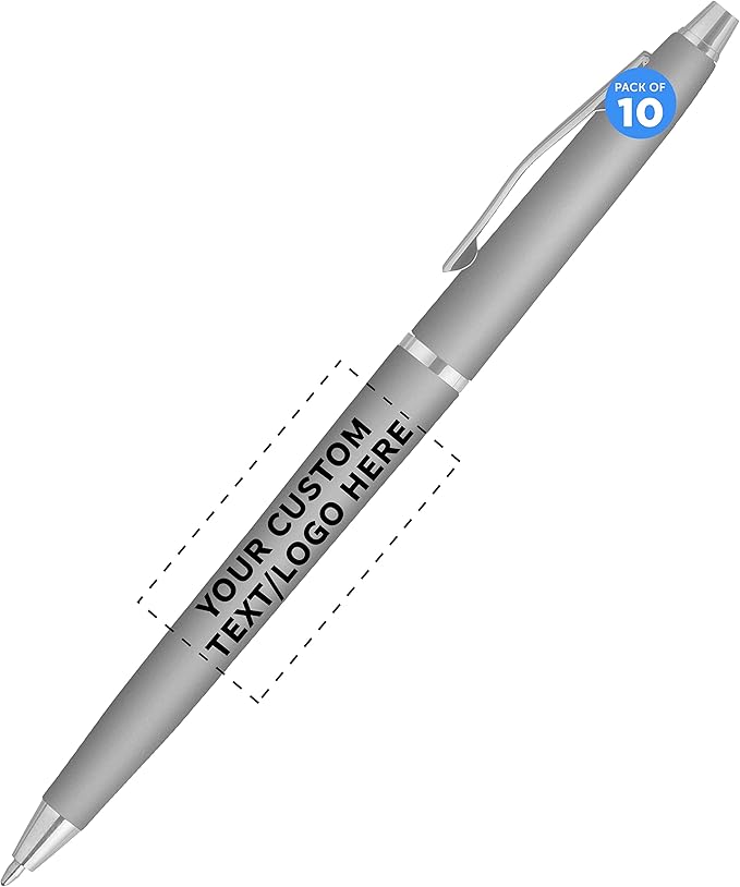 DISCOUNT PROMOS Custom Langham Ballpoint Pens Set of 10, Personalized Bulk Pack - Black Ink, Great for Office, School, Business, Tradeshows - Silver