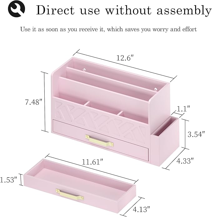 Wisuse Bamboo Desk Mail Organizer with Drawer,Wooden File Bill Sorter Storage Box for Desktop, Letter Countertop Holder for Home,Office,School Organization,Tabletop Accessories Supplies (Pink)