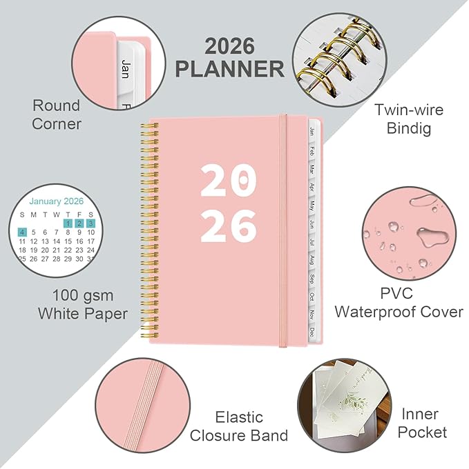 2026 Planner - Planner 2026 from January 2026 to December 2026 with 12 Monthly Tabs, Flexible Cover, Inner Pocket, 8.5" x 11", Pink-A