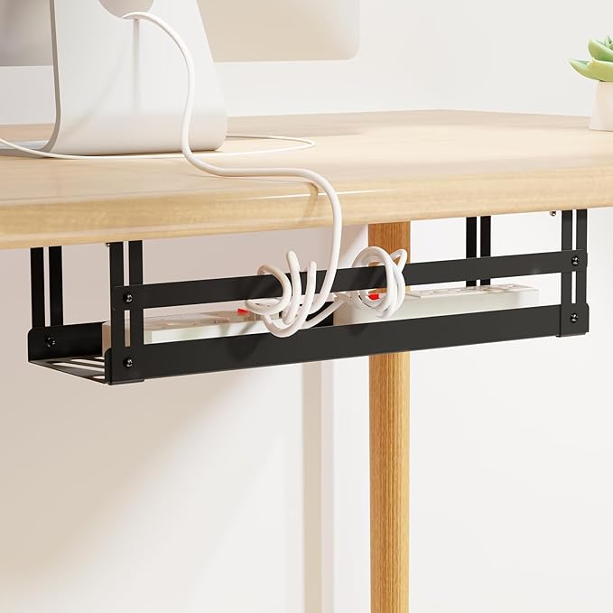 PAVSTINE Under Desk Cable Management Tray, 17 in Metal Cable Tray Basket for Wire Management, Power Strip Holder, Cord Organizer, Wire Tamer for Home/Office Desk Cable Hider Black
