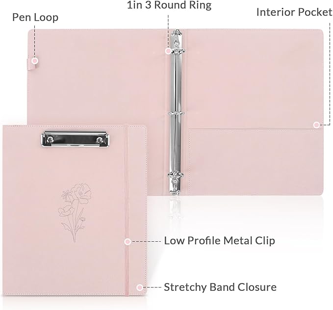 SKYDUE Pink 3 Ring Binder with Clipboard,1 Inch Linen Binder for 3 Hole Punch Letter Size Loose Leaf Paper with 5 Dividers, Pocket and Labels School and Office Supplies