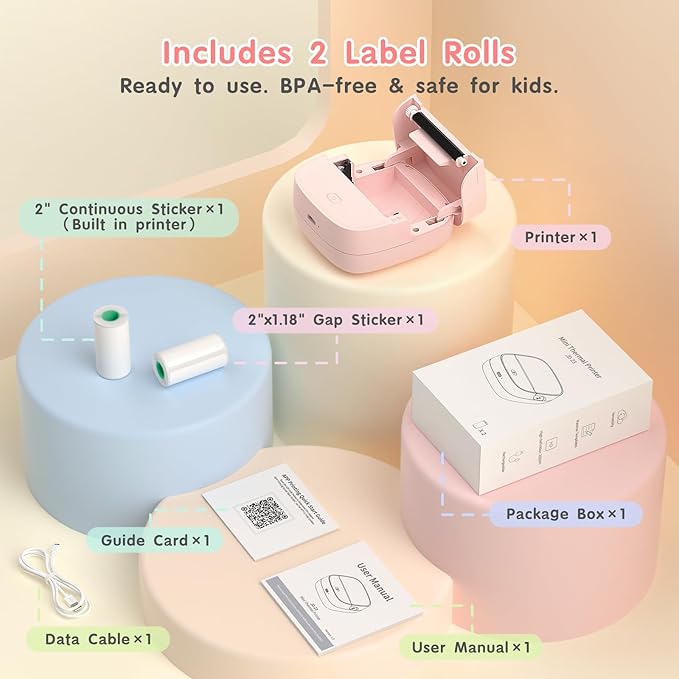 Gloryang JD-23 Sticker Printer, Mini Portable Thermal Printer Print Pod, Inkless Bluetooth Label Maker Machine for DIY Crafts, Journaling, Office & Home Use, 2 Rolls Sticker Paper, Pink