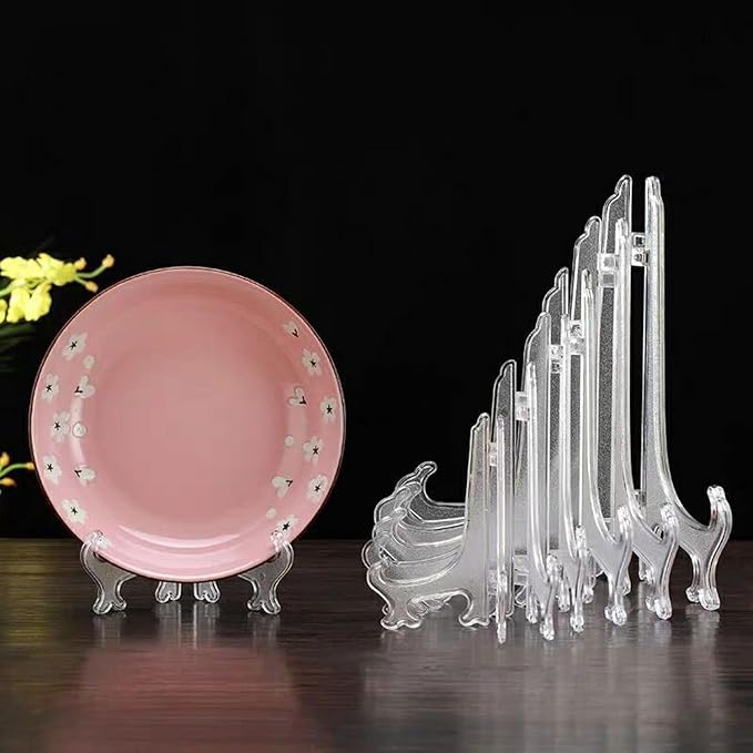 LonlyEagle 6 Pack 10 Inch Clear Plastic Easels or Stand/Plate Holders to Display Pictures or Other Items at Weddings, Plate Stands for Home Decoration, Birthdays, Tables