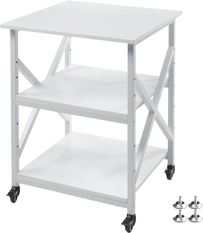 Fannova Large Printer Stand with Height Adjustable Storage Shelf, 23.6 x 23.6 Inches Square Printer Table with Industrial Wheels, Multi-use 3 Tier Rolling Printer Cart for Home Office - White