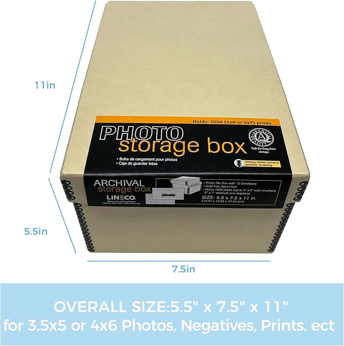 Lineco 4x6 Photo Storage Box, with 12 Acid-Free Envelopes, Holds Up to 1000 3.5" x 5", or 4" x 6" Pictures, Metal Edge Archival Organizer for Cards Stickers Stamps Seeds, 5.5x7.5x11. Tan, 2 Pack