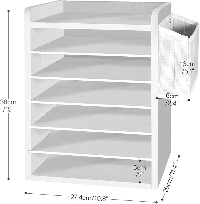 HOOBRO Adjustable Countertop Mail Sorter, 6 Tier Wooden Paper Organizer, Vertical Literature Organizer with Side Storage, Office Mailbox Cubbies, Classroom Mailbox, for Home, Office, White WT34WF01