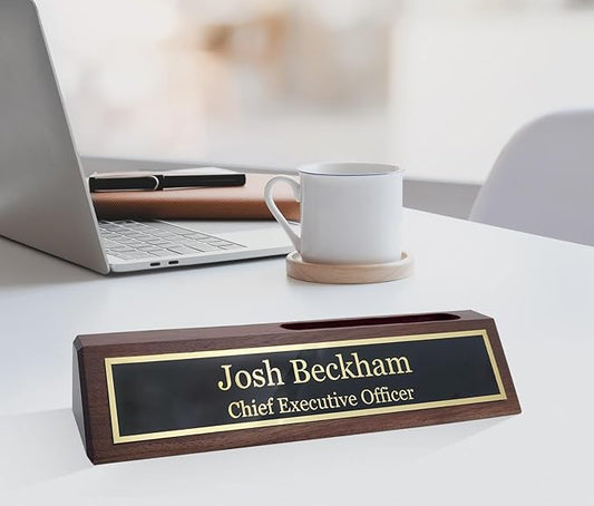 Business Wood Name Plate for Desk | Custom Desk Name Plate Personalized Gift for Office, The Perfect Engraved Name Plaque By Engraving International (2" x 10" With Right Side Card Holder, Walnut Wood)