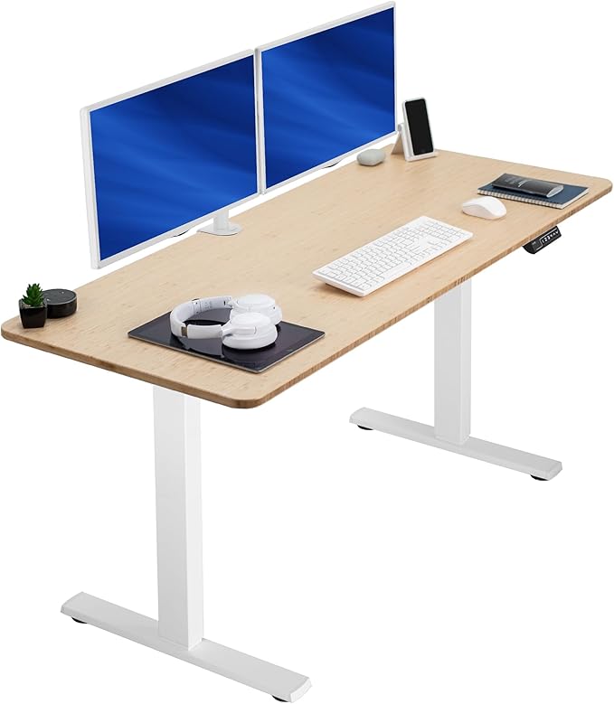 VIVO Electric 60 x 24 in Real Bamboo Standing Desk, Memory Height Adjustment, 1B Series, Holds 220 lbs, One-Piece Top, White Frame, DESK-KIT-1W6O