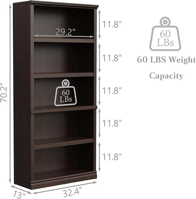 Bevfint Bookshelf, Open Storage 70 Inch Tall 5 Shelf Bookcase, Floor Standing Bookshelves and Bookcases, Book case for Farmhouse Library Office Bedroom Kids, Dark Cherry - 5 Tier