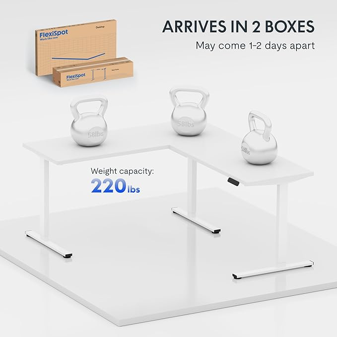 FLEXISPOT L Shaped Standing Desk, 63 x 55 Inch Electric Height Adjustable Corner Desk, Sit Stand Computer Workstation, Preset Controller, Home Office, White Frame with White Top, White Drawer