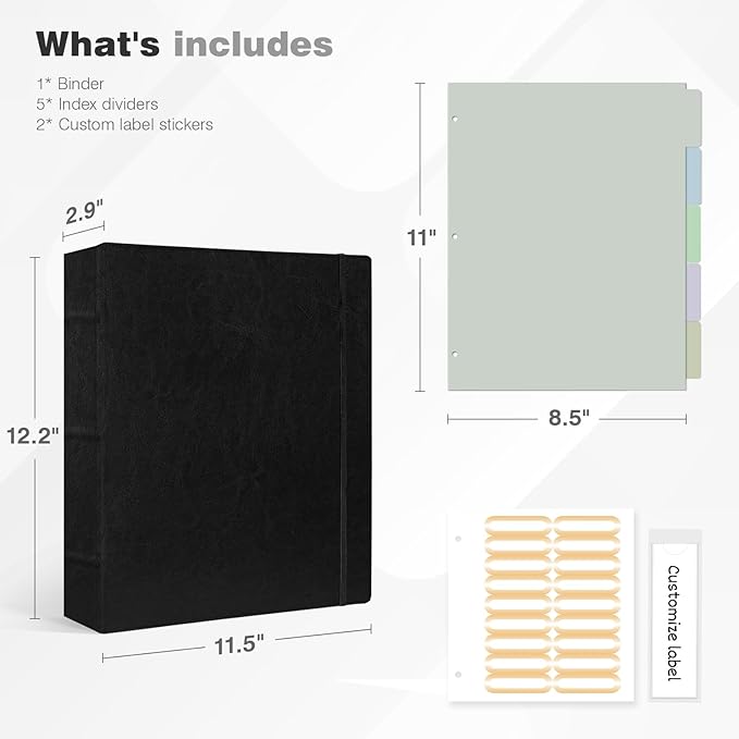 Ospelelf Vintage Hardcover 3 Ring 2 inch Leather Binder, Professional Binders Organizer Suitable for Letter Size Documents, Binder Dividers with Tabs, Black